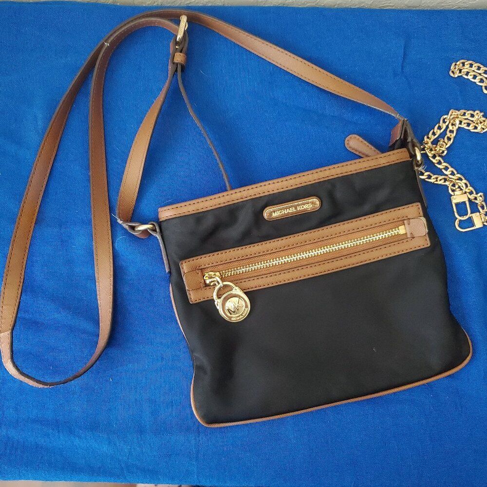 Michael Kors Kempton Crossbody Bag Black Nylon Brown Saffiano Trim Flawed